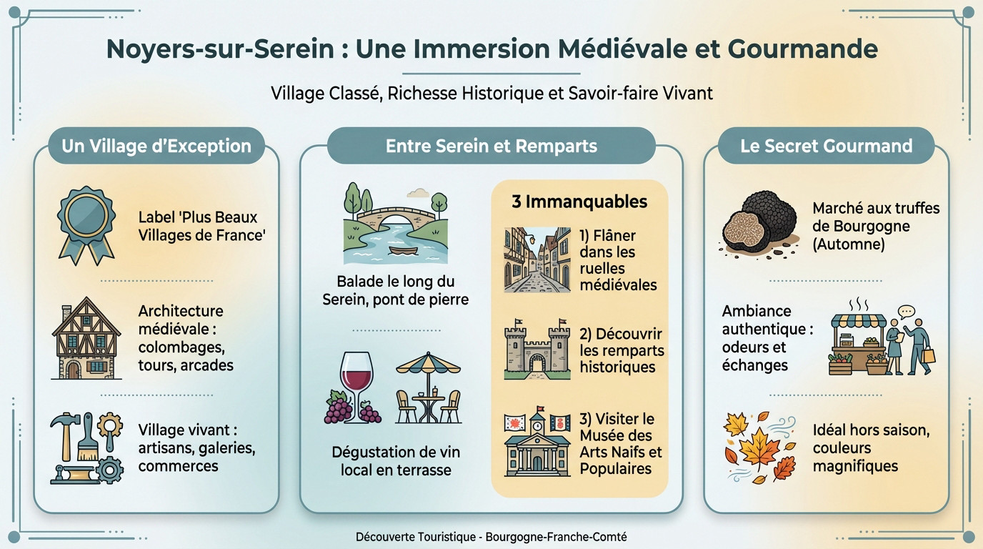 Vue pittoresque des maisons à colombages et des rues pavées de Noyers-sur-Serein en Bourgogne