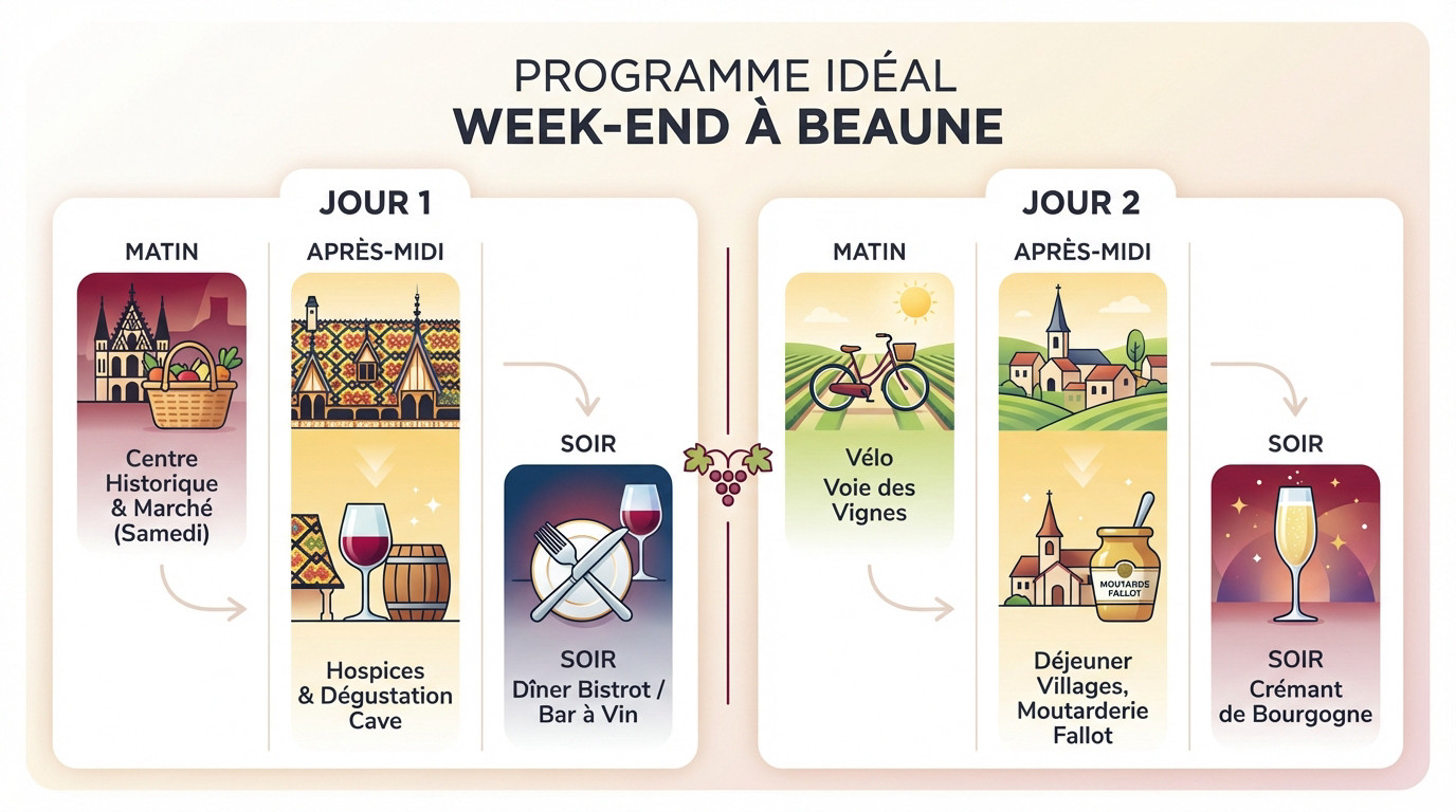 Vue des toits vernissés des Hospices de Beaune lors d'un week-end ensoleillé en Bourgogne