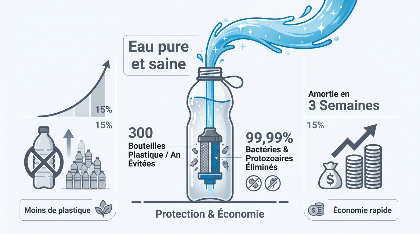 Voyageur utilisant une gourde filtrante pour boire de l'eau pure en pleine nature